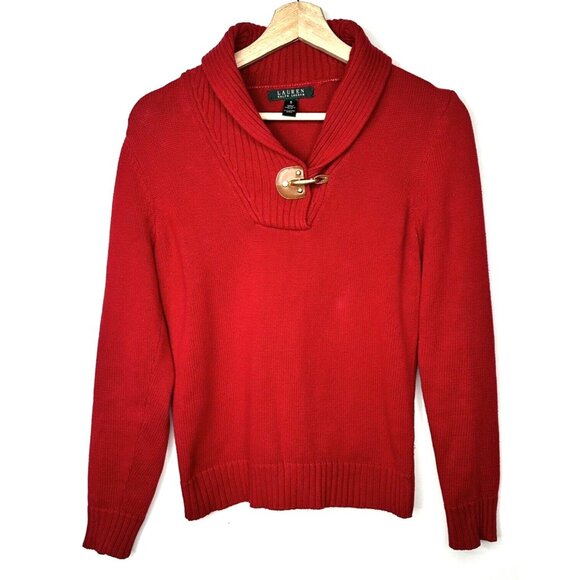 Lauren Ralph Lauren Womens Sweater Shawl Collar Cotton Knit Metal Clasp Red S - Picture 1 of 12